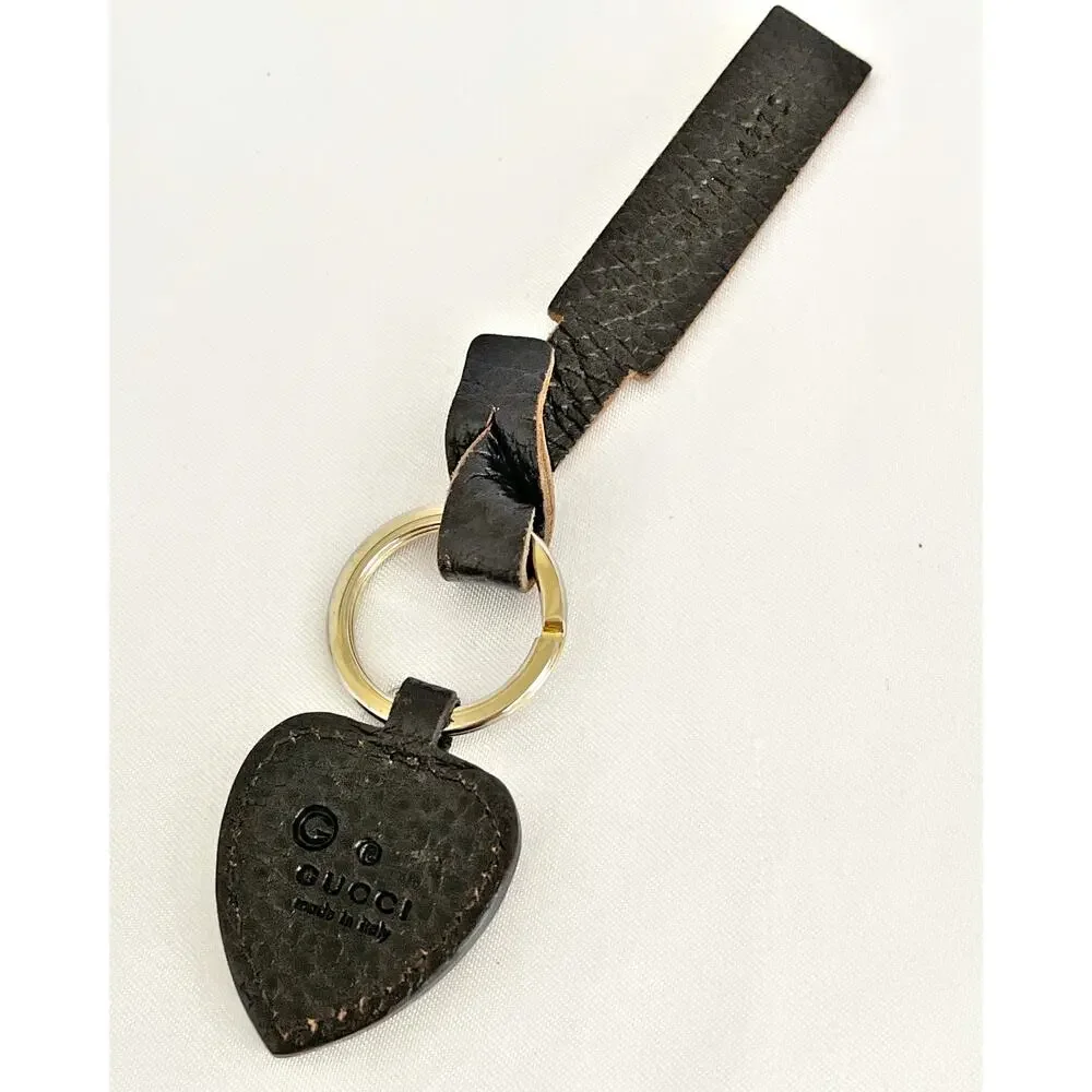 GUCCI Crest Emblem Key Chain Key Ring Brown Heart Shape Leather Rectangle
